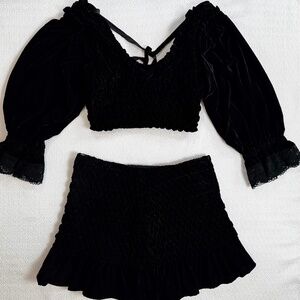 NWT Free People Velvet Black Smocked Mini Skirt Top 2 Piece Set Size M Gothic